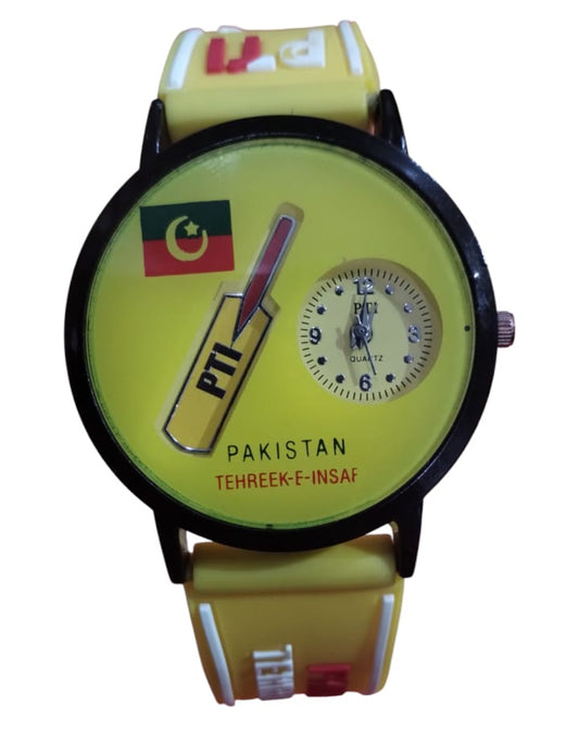 PTI Analog Wrist Watch | Pakistan Tehreek Insaf Wrist Watch For Men | Wrist Watch For Boys | Wrist Watch For Kids | Best Quality Wrist Watch with Analog Display - Cell Operated Watch - Silicone Watch - Yellow Color