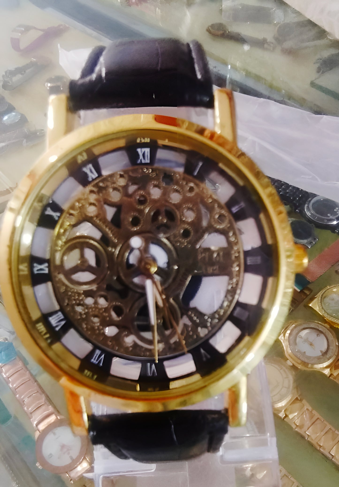 Stylish Leather Watch with Gold-Tone Stainless Dial & Black Strap