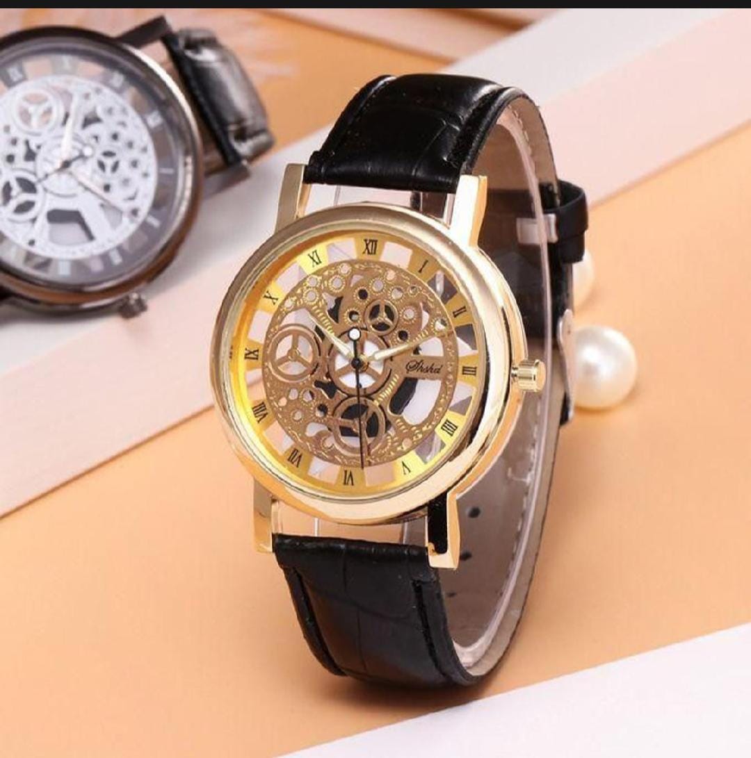 Stylish Leather Watch with Gold-Tone Stainless Dial & Black Strap