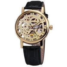 Stylish Leather Watch with Gold-Tone Stainless Dial & Black Strap